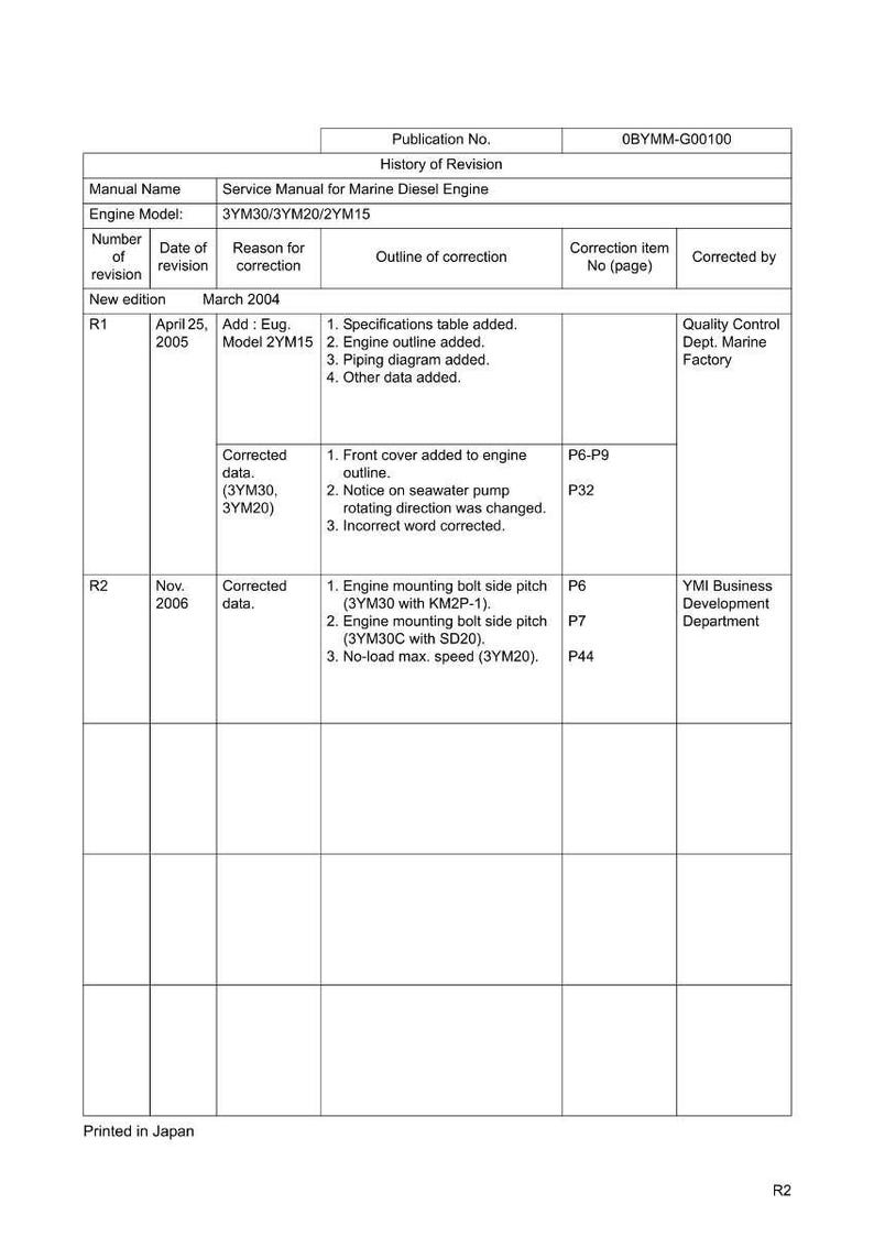 May include: A service manual for a marine diesel engine, featuring a detailed table with revision history. The document includes engine model information (3YM30, 3YM20, 2YM15) and outlines of corrections, such as specifications and diagrams.