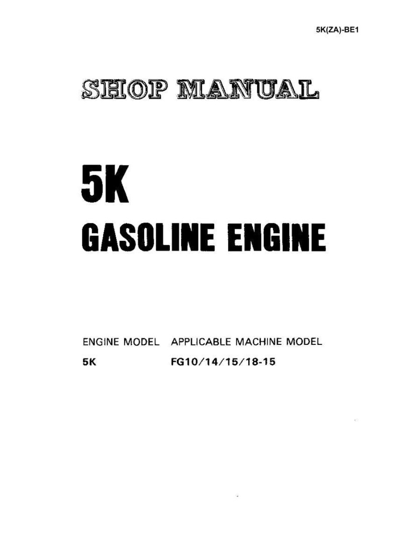 May include: A white page with the text "SHOP MANUAL" at the top. Below, the text "5K GASOLINE ENGINE" is displayed in a bold font. The bottom of the page lists "ENGINE MODEL" and "APPLICABLE MACHINE MODEL".