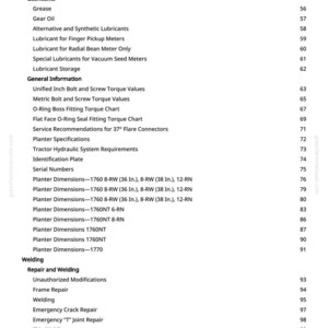 May include: A manual page with a table of contents. Topics include lubricants, general information, planter specifications, and welding. Page numbers are listed on the right.