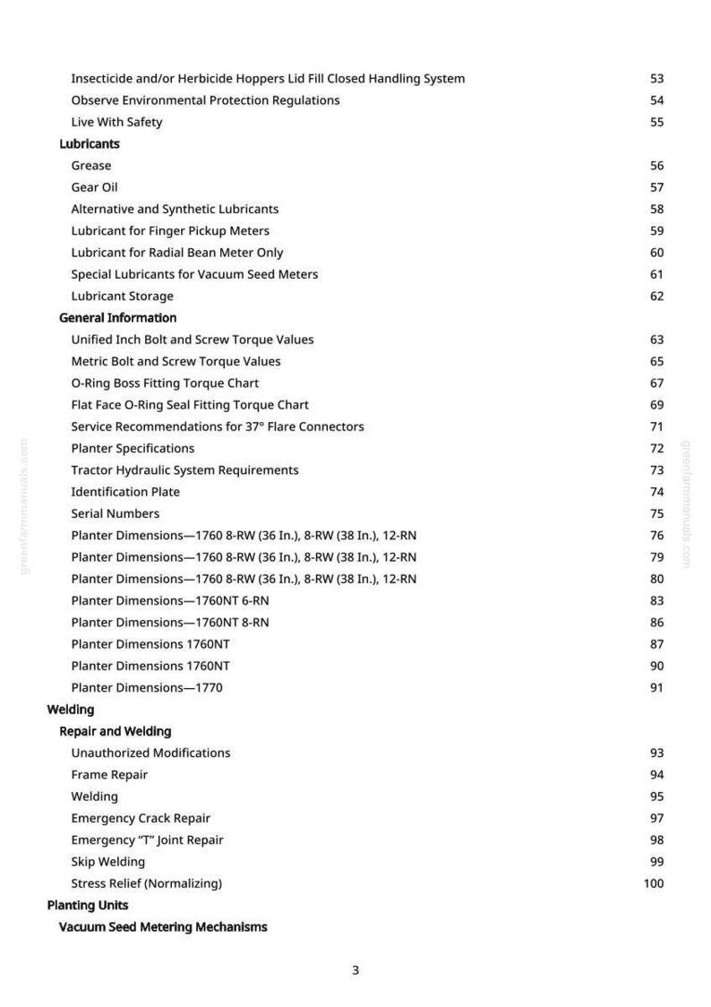May include: A manual page with a table of contents. Topics include lubricants, general information, planter specifications, and welding. Page numbers are listed on the right.