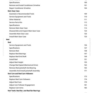 May include: A manual page featuring a table of contents. Key sections include Conditioner Driveline, Main Gear Case, and Reel. Page numbers are displayed alongside each entry, spanning from 97 to 197.