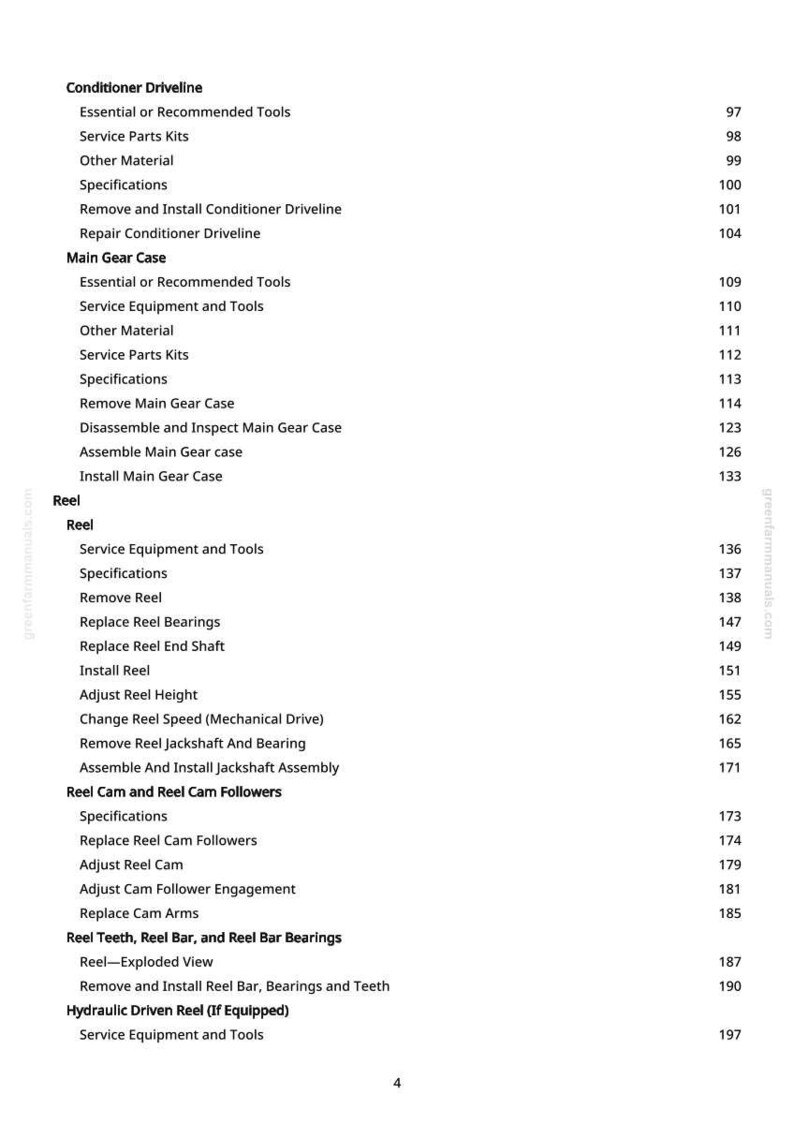 May include: A manual page featuring a table of contents. Key sections include Conditioner Driveline, Main Gear Case, and Reel. Page numbers are displayed alongside each entry, spanning from 97 to 197.