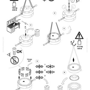 May include: Technical diagram with multiple steps for a mechanical assembly. Includes diagrams of components, weight limits of 238 lbs and 105 lbs, and measurements in inches. Features warnings and safety symbols.