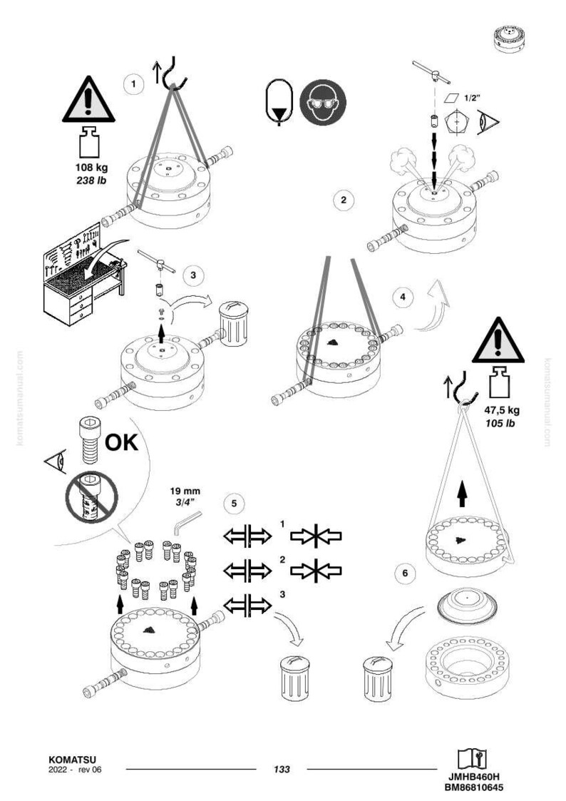May include: Technical diagram with multiple steps for a mechanical assembly. Includes diagrams of components, weight limits of 238 lbs and 105 lbs, and measurements in inches. Features warnings and safety symbols.