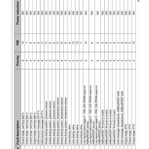 K&ouml;nnte beinhalten: Diagnosetabelle mit SPN-Code, Fehlerbeschreibung, Priorit&auml;t, FMI und Leistungsreduzierung. Fehler umfassen Ausgangsstufen, Sensoren und Dosiersysteme. Seite 260 von 333.