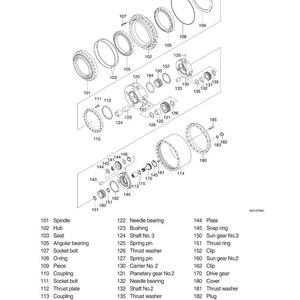 May include: An exploded diagram of a reduction gear assembly, featuring various mechanical components. The image includes labeled parts such as spindles, bearings, and gears, with a focus on the internal structure and arrangement of the gear system.