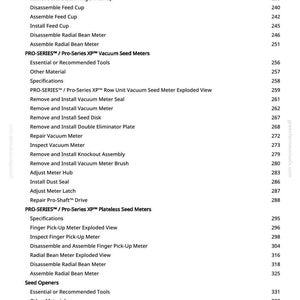 May include: A white page with a detailed table of contents for agricultural equipment, including sections on vacuum seed meters, plateless seed meters, and seed openers. The text is black and organized with page numbers.