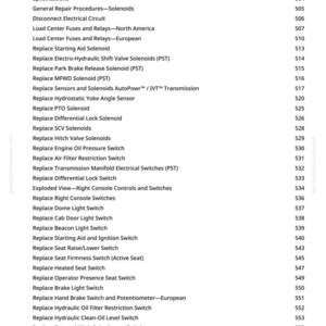 Puede incluir: Una p&aacute;gina blanca con una lista de referencias y especificaciones para la reparaci&oacute;n de equipos agr&iacute;colas. La lista incluye solenoides, interruptores y sensores, con los n&uacute;meros de p&aacute;gina correspondientes.