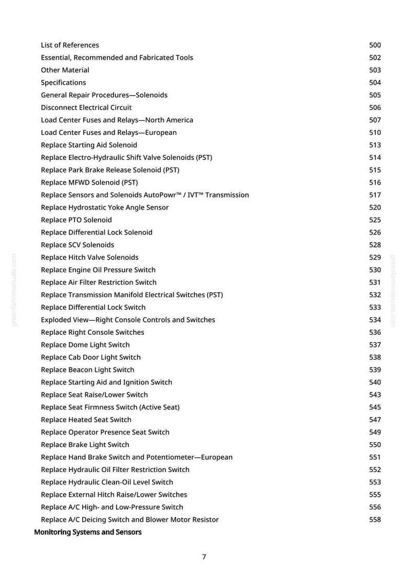 Puede incluir: Una p&aacute;gina blanca con una lista de referencias y especificaciones para la reparaci&oacute;n de equipos agr&iacute;colas. La lista incluye solenoides, interruptores y sensores, con los n&uacute;meros de p&aacute;gina correspondientes.