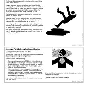 May include: Safety guidelines document with text on safe maintenance practices, including illustrations of a person falling and a person with fumes. Includes instructions for removing paint before welding or heating.