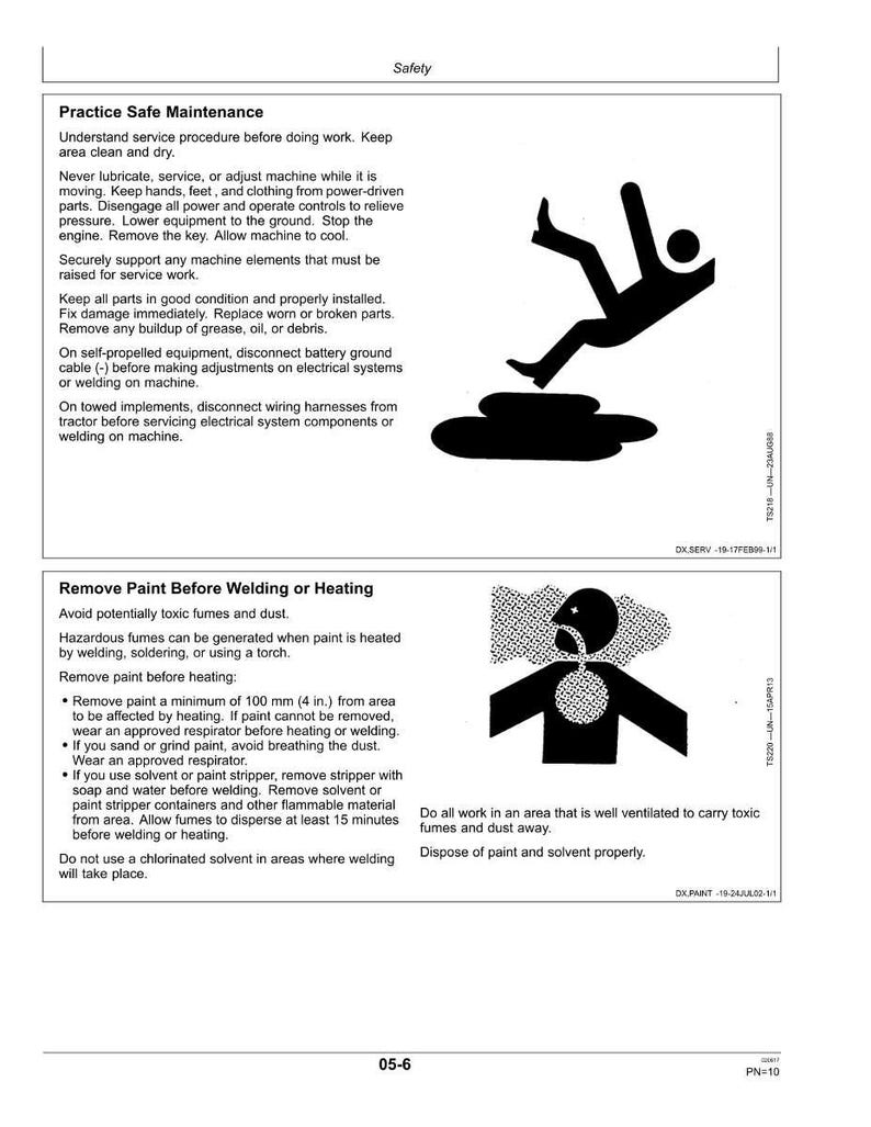 May include: Safety guidelines document with text on safe maintenance practices, including illustrations of a person falling and a person with fumes. Includes instructions for removing paint before welding or heating.