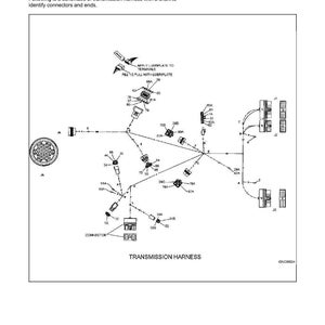 May include: Schematic diagram of a transmission harness with labels for connectors and ends. The diagram includes text that says "Testing and Adjusting", "Transmission Harness", and "Apply Lubriplate to Terminals".