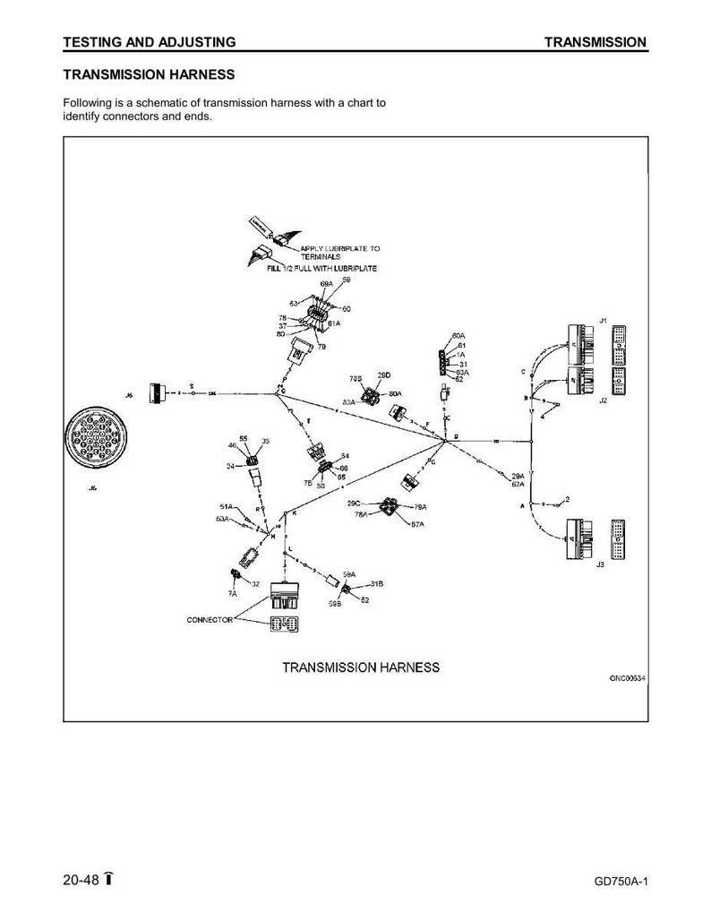 May include: Schematic diagram of a transmission harness with labels for connectors and ends. The diagram includes text that says "Testing and Adjusting", "Transmission Harness", and "Apply Lubriplate to Terminals".