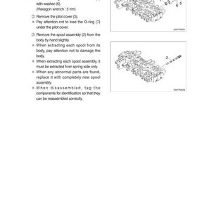 May include: Diagram of hydraulic system components, including bolts, washers, and O-rings. The image shows detailed illustrations of disassembly steps, with labels and measurements in millimeters.