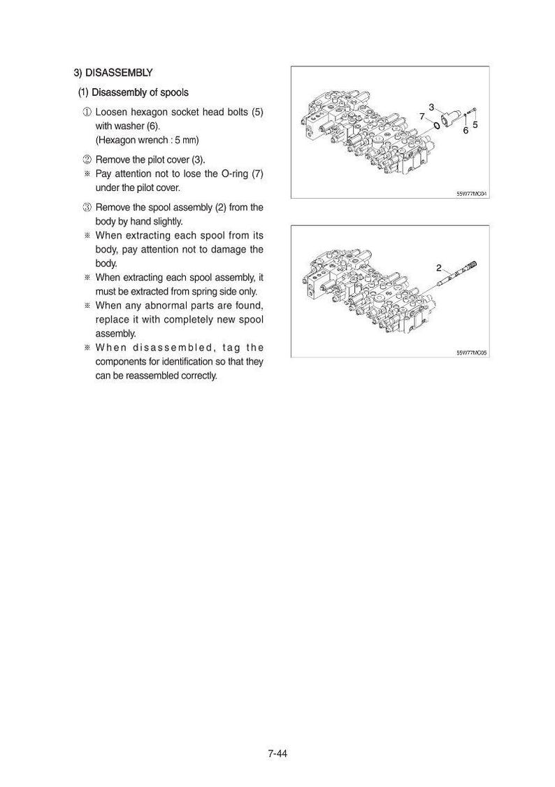 May include: Diagram of hydraulic system components, including bolts, washers, and O-rings. The image shows detailed illustrations of disassembly steps, with labels and measurements in millimeters.