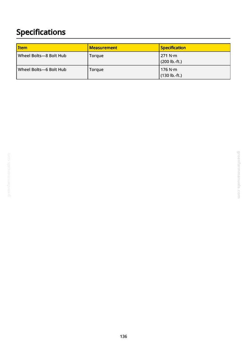 May include: A table of specifications detailing torque measurements for wheel bolts. The table includes specifications for 8-bolt and 6-bolt hubs, with torque values in Newton-meters and pound-feet.