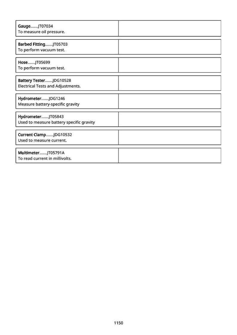May include: A white document with a list of automotive testing tools. The list includes a gauge, barbed fitting, hose, battery tester, hydrometer, current clamp, and multimeter. Each tool has a description.