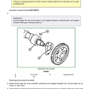 May include: Diagram of camshaft assembly with labeled parts: thrust plate, key, and stepped shoulder. Includes a caution about avoiding burns and a warning about damage. Instructions for installation are provided.