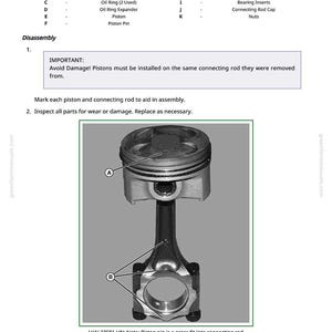 May include: Diagram showing a piston and connecting rod assembly, with labels for parts such as the piston pin and connecting rod bolts. The image includes text instructions for disassembly and inspection.