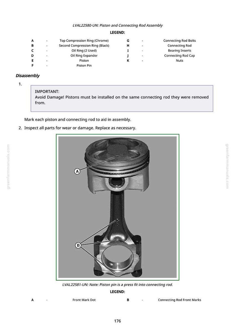 May include: Diagram showing a piston and connecting rod assembly, with labels for parts such as the piston pin and connecting rod bolts. The image includes text instructions for disassembly and inspection.