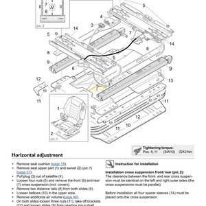 May include: Diagram of a car seat adjustment system, labeled with numbers and arrows. The diagram includes a detailed exploded view of the components, with text indicating horizontal adjustment instructions and tightening torque specifications.