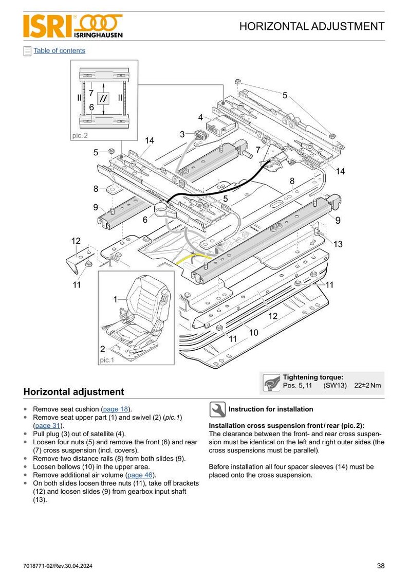 May include: Diagram of a car seat adjustment system, labeled with numbers and arrows. The diagram includes a detailed exploded view of the components, with text indicating horizontal adjustment instructions and tightening torque specifications.