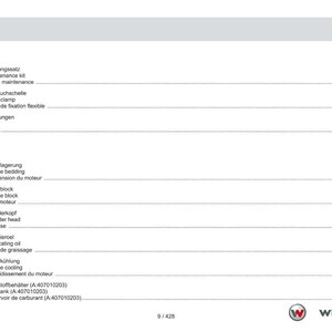 May include: A page from a manual with a table of contents in German, English, and French. The table lists maintenance and engine components, including hose clamps, seals, and fuel tanks. The Weidemann logo is at the bottom.