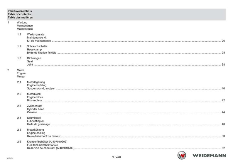 May include: A page from a manual with a table of contents in German, English, and French. The table lists maintenance and engine components, including hose clamps, seals, and fuel tanks. The Weidemann logo is at the bottom.