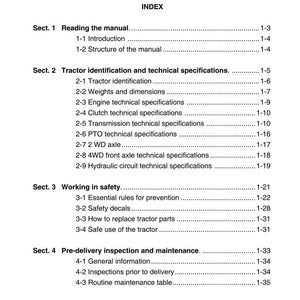 Może przedstawiać: Czarno-biała strona instrukcji z tytułem "INTRODUCTION" i "CHAP.1 INDEX". Spis treści instrukcji zawiera sekcje dotyczące czytania instrukcji, identyfikacji ciągnika, pracy w zakresie bezpieczeństwa i kontroli przed dostawą.
