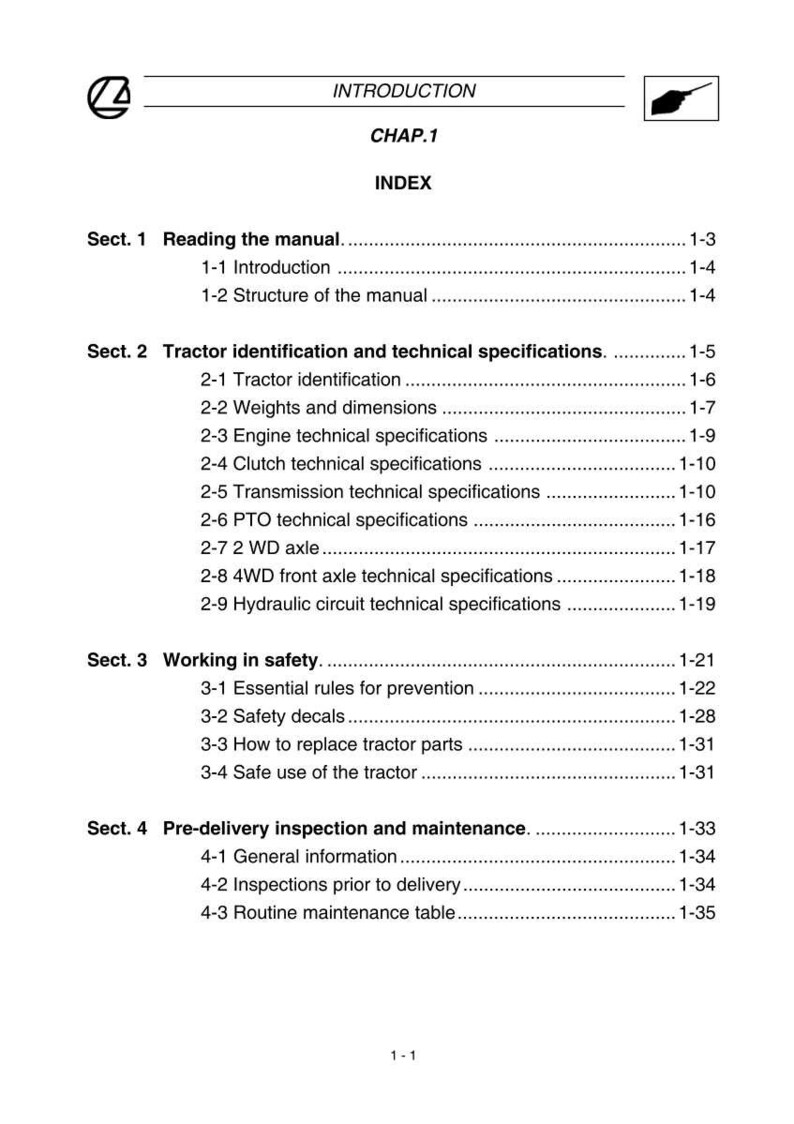 Może przedstawiać: Czarno-biała strona instrukcji z tytułem "INTRODUCTION" i "CHAP.1 INDEX". Spis treści instrukcji zawiera sekcje dotyczące czytania instrukcji, identyfikacji ciągnika, pracy w zakresie bezpieczeństwa i kontroli przed dostawą.