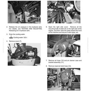 Puede incluir: Diagrama del proceso de desmontaje y montaje de un radiador y un enfriador de aceite hidr&aacute;ulico. Las instrucciones incluyen la extracci&oacute;n de pernos, mangueras y cubiertas. El texto incluye "DESMONTAJE Y MONTAJE" y "RADIADOR Y ENFRIADOR DE ACEITE HIDR&Aacute;ULICO".
