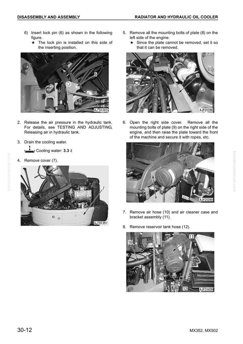 Puede incluir: Diagrama del proceso de desmontaje y montaje de un radiador y un enfriador de aceite hidr&aacute;ulico. Las instrucciones incluyen la extracci&oacute;n de pernos, mangueras y cubiertas. El texto incluye "DESMONTAJE Y MONTAJE" y "RADIADOR Y ENFRIADOR DE ACEITE HIDR&Aacute;ULICO".