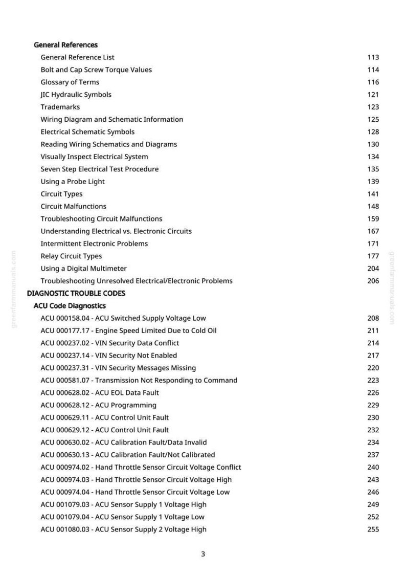 May include: A white-background page with a table of contents and diagnostic trouble codes. The document lists topics like "General References," "Circuit Types," and various ACU diagnostic codes, including voltage and security issues.