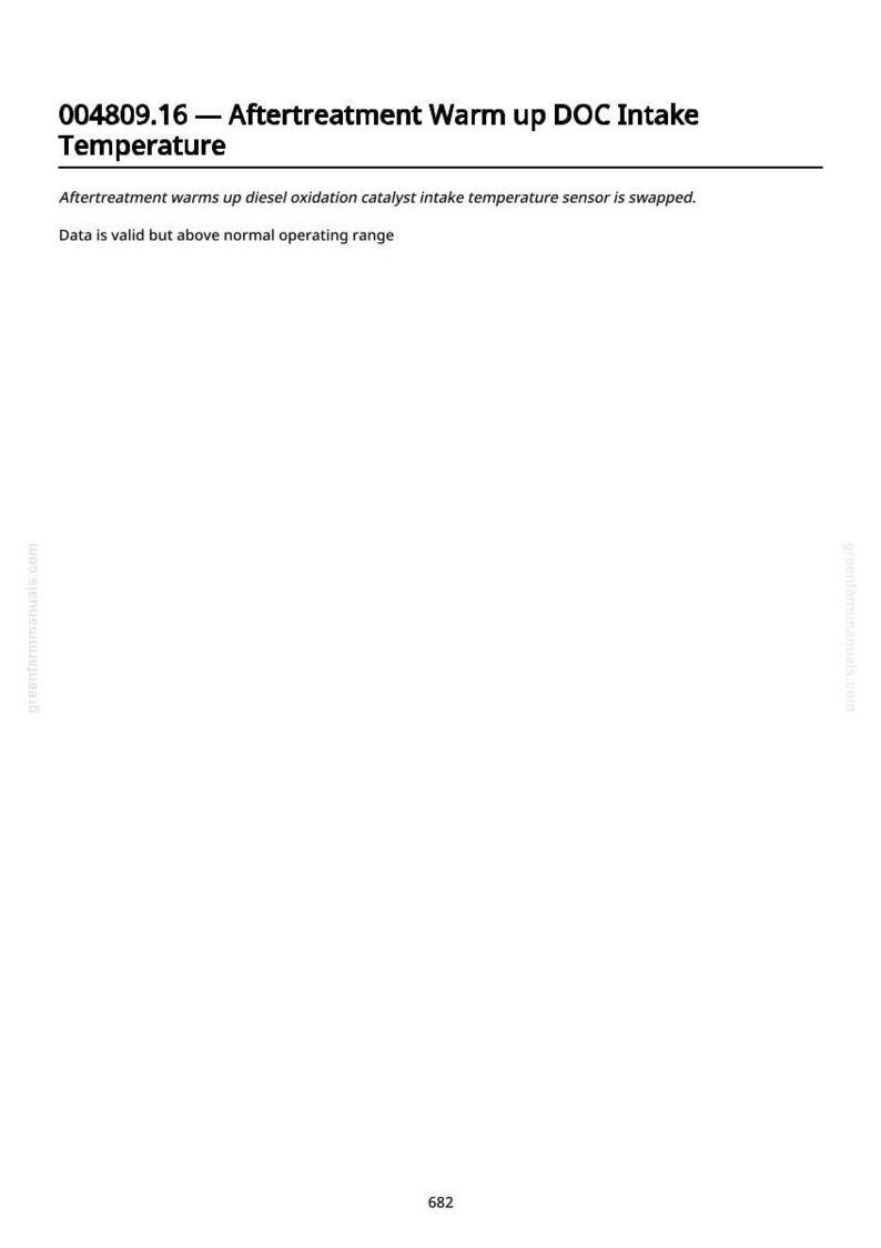 Może przedstawiać: Biała strona z tytułem "004809.16 - Aftertreatment Warm up DOC Intake Temperature". Poniższy tekst opisuje proces obr&oacute;bki wt&oacute;rnej i funkcję czujnika. Na dole strony znajduje się numer 682.
