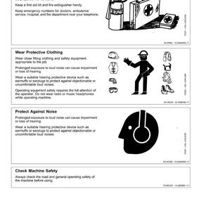 Op de afbeelding: Een informatief diagram over veiligheid, met illustraties van een brandblusser, een EHBO-kit en beschermende kleding. De tekst bevat instructies over noodvoorbereiding, beschermende kleding, geluidsbescherming en machineveiligheid.
