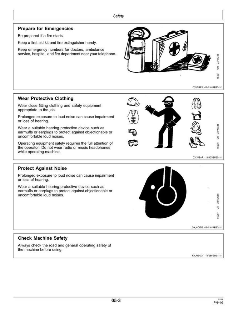 Op de afbeelding: Een informatief diagram over veiligheid, met illustraties van een brandblusser, een EHBO-kit en beschermende kleding. De tekst bevat instructies over noodvoorbereiding, beschermende kleding, geluidsbescherming en machineveiligheid.
