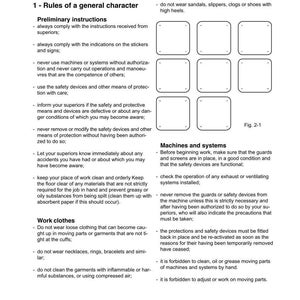 Puede incluir: Una p&aacute;gina de un manual de seguridad titulada "Working in Safety". El texto incluye reglas, instrucciones preliminares y directrices para la ropa de trabajo y el funcionamiento de las m&aacute;quinas. Hay casillas en blanco y un diagrama.