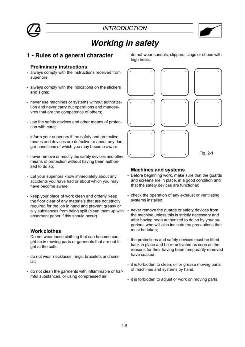 Puede incluir: Una p&aacute;gina de un manual de seguridad titulada "Working in Safety". El texto incluye reglas, instrucciones preliminares y directrices para la ropa de trabajo y el funcionamiento de las m&aacute;quinas. Hay casillas en blanco y un diagrama.