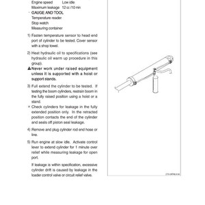 May include: Diagram of a cylinder leakage test procedure. The image includes text with specifications, gauge and tool information, and numbered steps for the test. A hydraulic cylinder is also shown.