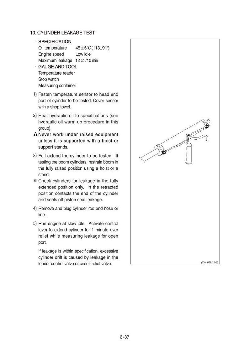 May include: Diagram of a cylinder leakage test procedure. The image includes text with specifications, gauge and tool information, and numbered steps for the test. A hydraulic cylinder is also shown.