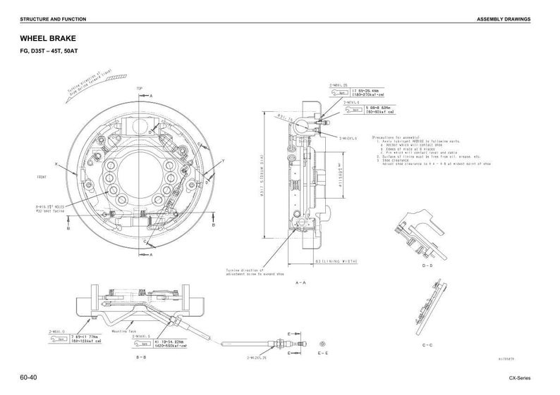 May include: Detailed technical drawing of a wheel brake assembly, labeled "WHEEL BRAKE" with model numbers. The diagram includes multiple views and dimensions, with text annotations and a schematic layout.