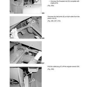Peut inclure: Diagramme technique de CLAAS montrant les &eacute;tapes de maintenance du v&eacute;rin de levage. Comprend des images en gros plan de composants m&eacute;caniques, avec des &eacute;tiquettes comme E, G, W et S. Les instructions textuelles d&eacute;taillent le d&eacute;crochage des ressorts, le retrait des boulons et le d&eacute;vissage des pi&egrave;ces.