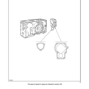 Op de afbeelding: Diagram van de afdichtingsapplicatie van de aftakasafdekking. De afbeelding toont gedetailleerde illustraties van de componenten en de gebieden waar afdichtmiddel moet worden aangebracht. Tekst bevat "SECTION 600 - POWER TAKE-OFF".