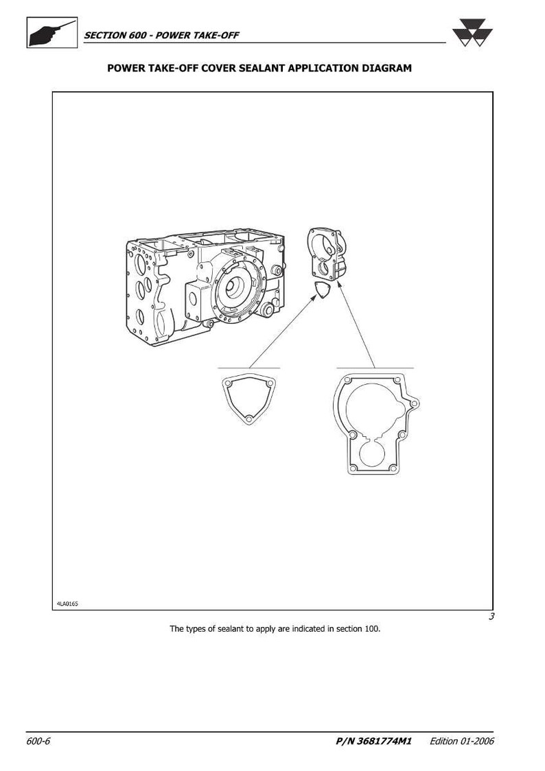 Op de afbeelding: Diagram van de afdichtingsapplicatie van de aftakasafdekking. De afbeelding toont gedetailleerde illustraties van de componenten en de gebieden waar afdichtmiddel moet worden aangebracht. Tekst bevat "SECTION 600 - POWER TAKE-OFF".