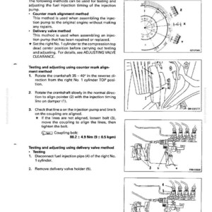 Peut inclure: Diagramme des proc&eacute;dures de test et de r&eacute;glage du calage de l'injection de carburant. Comprend des illustrations de composants de moteur, des instructions et des sp&eacute;cifications pour l'alignement des rep&egrave;res et les m&eacute;thodes de soupape de refoulement. Le texte comprend des mesures en Newton m&egrave;tres et kilogrammes.