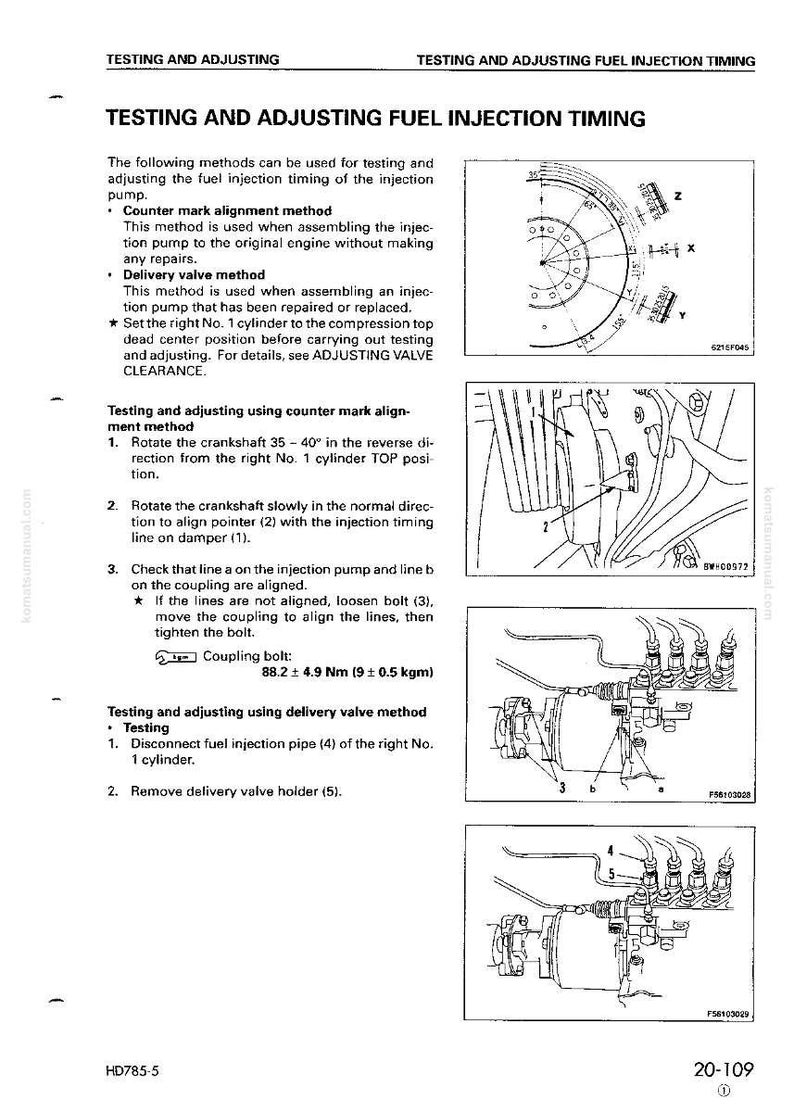Peut inclure: Diagramme des proc&eacute;dures de test et de r&eacute;glage du calage de l'injection de carburant. Comprend des illustrations de composants de moteur, des instructions et des sp&eacute;cifications pour l'alignement des rep&egrave;res et les m&eacute;thodes de soupape de refoulement. Le texte comprend des mesures en Newton m&egrave;tres et kilogrammes.