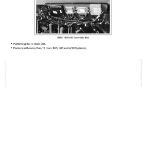 May include: Image of the interior of a machine, likely agricultural equipment, with various control units and wiring visible. Text at the top reads "BM014545-UN: Location of Control Units." Below, "BM011439-UN: Controller Box" is displayed. Additional text provides planter row information.