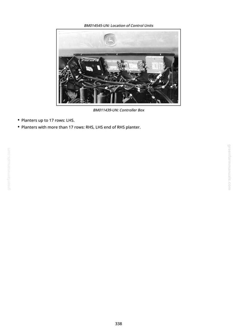 May include: Image of the interior of a machine, likely agricultural equipment, with various control units and wiring visible. Text at the top reads "BM014545-UN: Location of Control Units." Below, "BM011439-UN: Controller Box" is displayed. Additional text provides planter row information.
