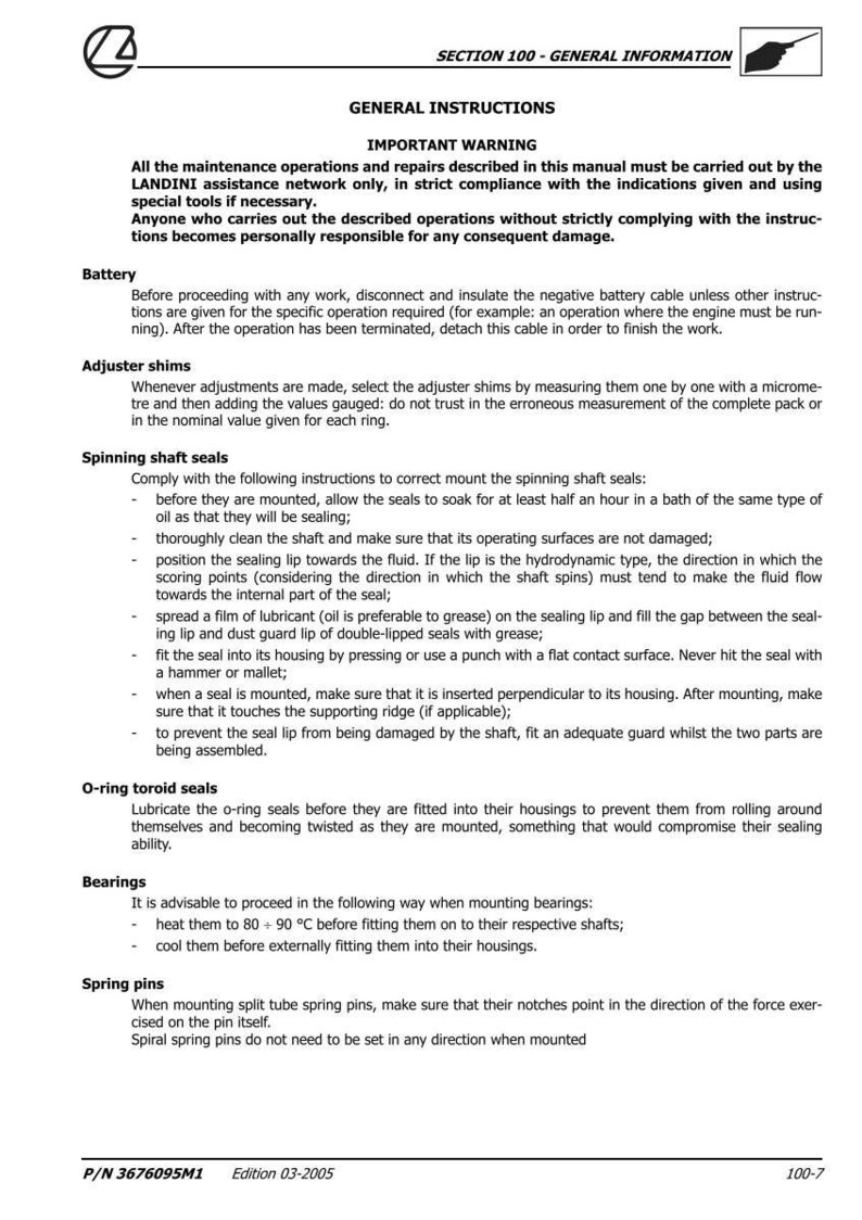 May include: A manual page titled "GENERAL INSTRUCTIONS" with text detailing maintenance and repair procedures. Instructions cover batteries, adjuster shims, spinning shaft seals, O-ring toroid seals, bearings, and spring pins.