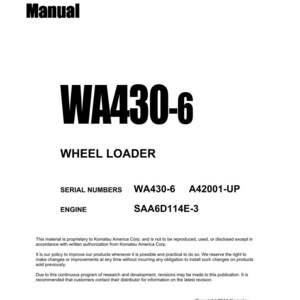 May include: A white shop manual with black text. The title "Shop Manual" is at the top, and the model number "WA430-6" is prominently displayed. Additional text includes "WHEEL LOADER" and engine details.